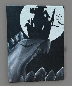 Halloween Original Art Small Painting 6x8 in Scary Horror Moon Night Haunted - Picture 1 of 5