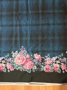Daisy Kingdom Rose Plaid Single Border Cotton Fabric Teal Black Floral 1293 BTY  - Picture 1 of 4