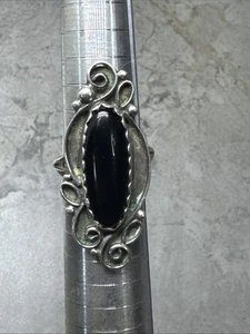 Native American Black Onyx Silvertone Ring Size 7 Signed Ms Sunie Y52 - Picture 1 of 19