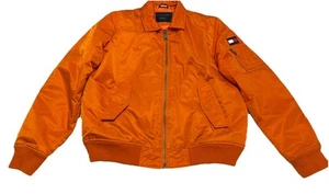 Tommy Hilfiger Men Orange Bomber Officer Jacket L Nylon Water Wind Resistant - Picture 1 of 10