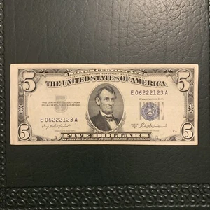 62695 Banknote Rare 1953 $5 5 Dollar bill Silver/blue Crisp Gr Fancy# E06222123 - Picture 1 of 2