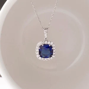 2Ct Simulated Blue Sapphire Halo Pendant Necklace 14K White Gold Plated Silver - Picture 1 of 3