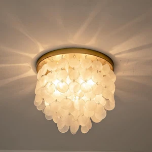 3-Lights Capiz Shell Ceiling Light Fixtures, Gold Boho Flush Mount Ceiling Light - Picture 1 of 12
