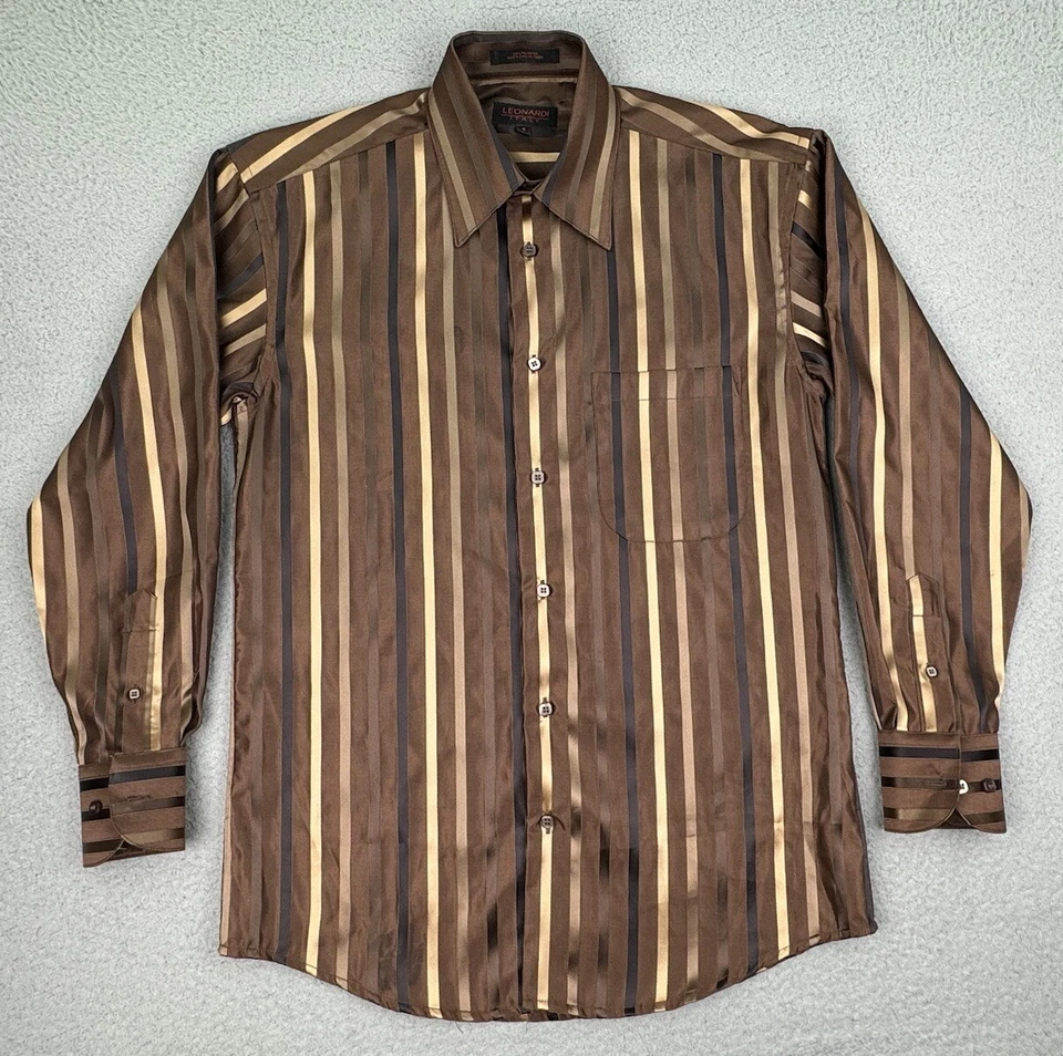 LEONARDI 意大利衬衫男式 S 棕色长袖纽扣条纹 — 第 1/4 张图片