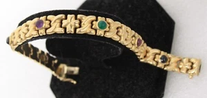 Vintage 14K Solid Gold Gemstones A.F.R. Italy Signed Wide Bracelet 8" 25g - Picture 1 of 10