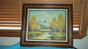 FOREST - RIVER MOUNTAIN SCENE OIL PAINTING - Picture 1 of 1
