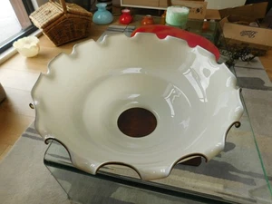 Large Vintage Cream Glass Pendant Ceiling Shade with Brown Ruffled Edge - Picture 1 of 4