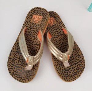 Reef Kids AHI Flip Flops Sandals Girls Size 1 Gold Leopard Print - Picture 1 of 8