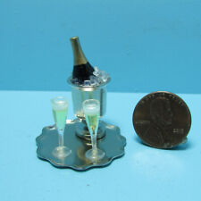Dollhouse Miniature Silver Champagne Ice Bucket with 2 Filled Glasses and Tray