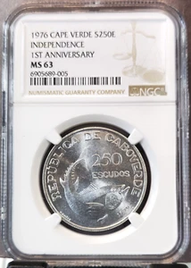1976 CAPE VERDE SILVER 250 ESCUDOS INDEPENDENCE FISH NGC MS 63 SCARCE BEAUTY - Picture 1 of 3