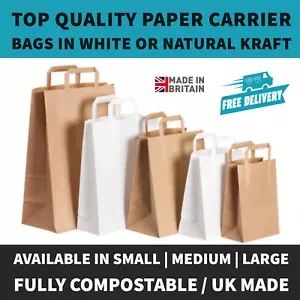 More details for white &amp; brown kraft paper sos bags with handle food carrier party takeaway bags