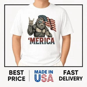 Bigfoot Merica Rock American Flag Patriotic USA 4th Of July T-Shirt HOT TREND - Picture 1 of 6