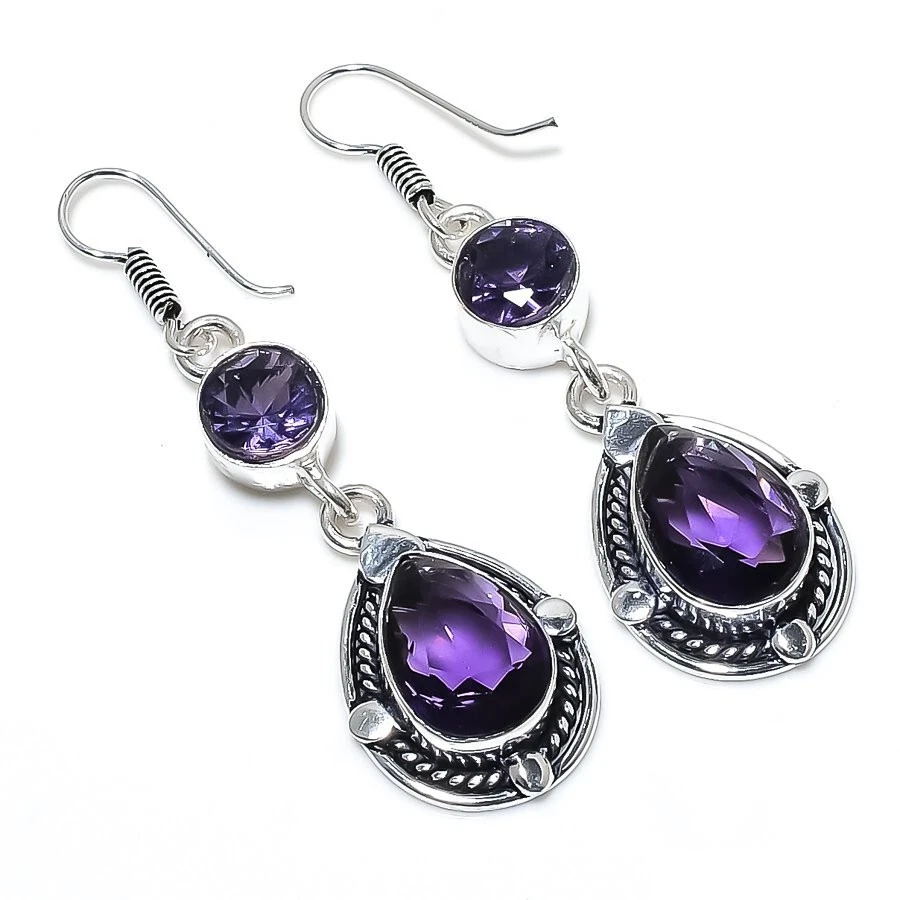 Purple Amethyst Gemstone Handmade 925 Sterling Silver Jewelry Earring Sz 2.25'' - Image 1 of 1