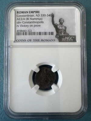 NGC Roman Empire Constantinian, AD 330-340 AE3/4 (Bi Nummus)  Victory on prow - Image 1 of 4