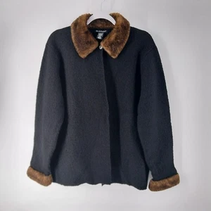 Womens Black Wool Long Sleeve Fur Trim Collared Winter Overcoat Size XL - Picture 1 of 9