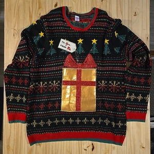 Holiday Time Ugly Christmas Sweater Mens Size 3XL 52-54 Golden Gift Pocket - Picture 1 of 11