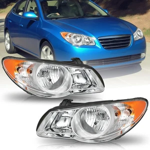 For 2007-2010 Hyundai Elantra Halogen Chrome Amber Headlights Set Assembly Pairs - Picture 1 of 9
