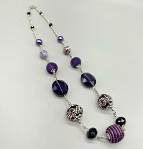 Purple Beaded Necklace Silver Tone Chain Mixed Beads Statement Fashion Jewelry - Picture 1 of 10