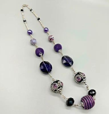 Collar de cuentas púrpura cadena tono plata cuentas mixtas declaración joyería de moda Foto 1 de 4