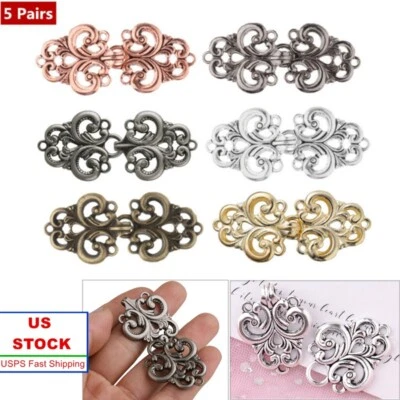 5Pairs Filigree Swirl Flower Cape Cloak Clasp Fasteners Hook Eye Cardigan Button - Image 1 of 4