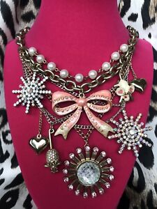 Betsey Johnson Vintage Ice Princess Snowflake Pink Bow Mouse Starburst Necklace
