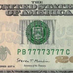 Billete de veinte dólares Seven of a Kind 7s binario de lujo número de serie PB77773777C - Imagen 1 de 13