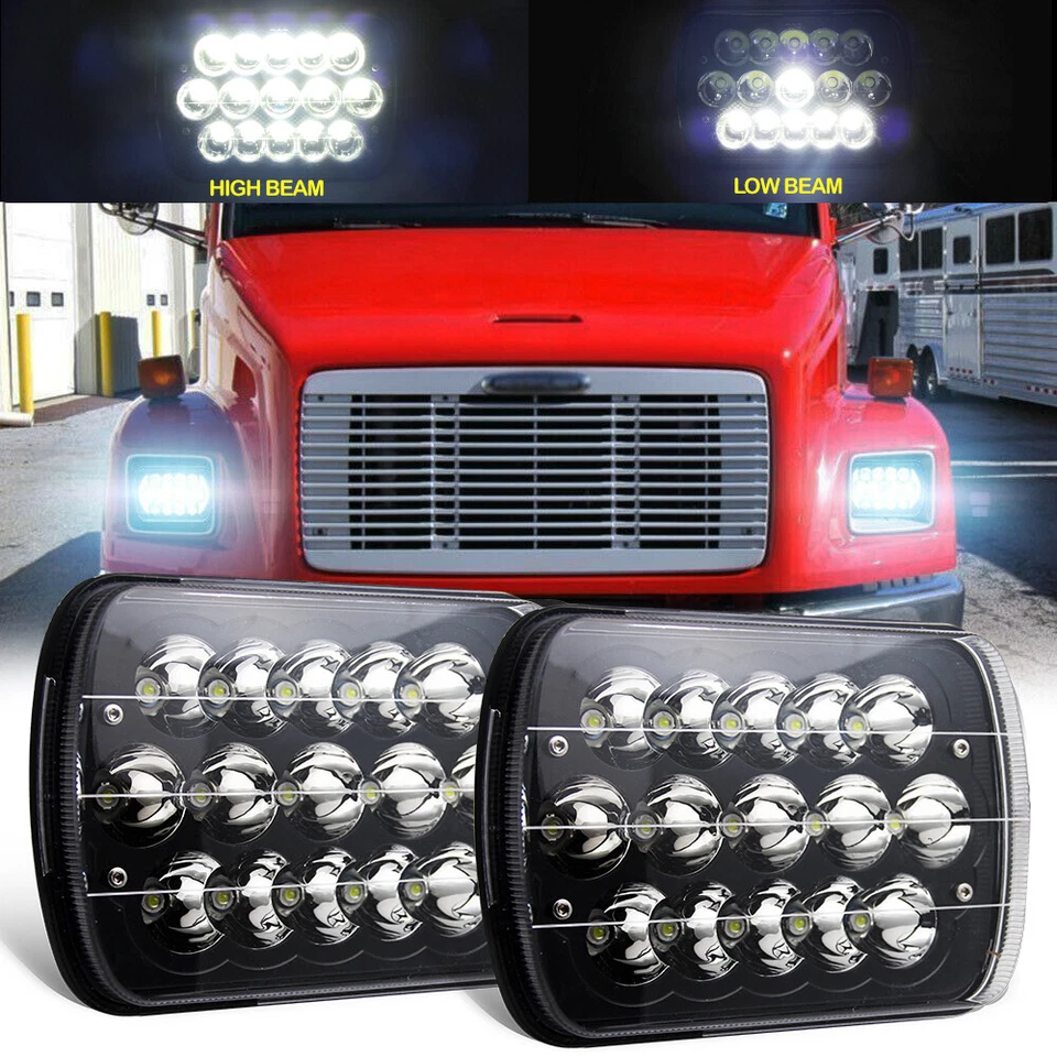 Pair Black 7x6" 5x7 LED Headlights For Freightliner FL50/60/70/80/112 MT35/45/55 - Image 1 of 4