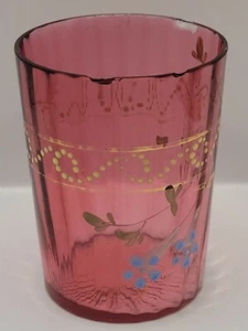VICTORIAN HANDPAINTED CRANBERRY FLORAL DESIGN RIBBED DRINKING GLASS VERY NICE - Picture 1 of 12