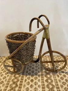 Vintage Bamboo Bike Tricycle Planter Wicker Rattan Plant Flower Basket Boho Chic - Picture 1 of 13