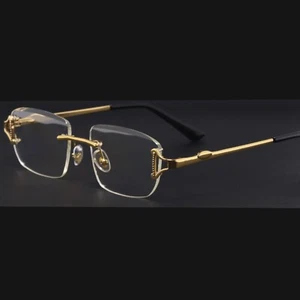 Retro Gold Frame Clear Lens Sunglasses Rectangle Rimless Glasses Unisex Trendy - Picture 1 of 4