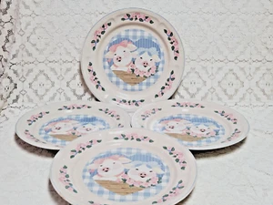 Tienshan Pig Pal Dinner Plates 10 1/2" Pink Blue Bows Oven To Table Exc+ Set 4 - Picture 1 of 6