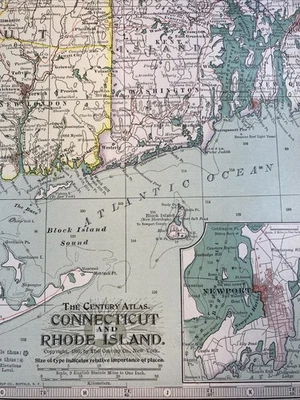 1899, Connecticut e Rhode Island, mapa antigo - Imagem 1 de 3