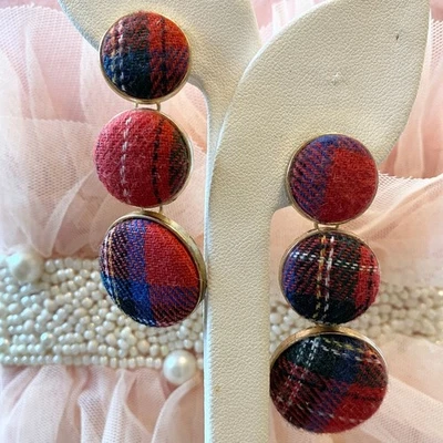 Mardi Gras Tartan Plaid Drop Earrings Gold Tone Statement Earrings Festive - Image 1 of 4