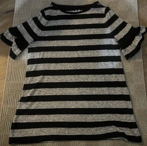 Loft Black & Grey Striped Top Bell Sleeves Small Ann Taylor - Picture 1 of 3