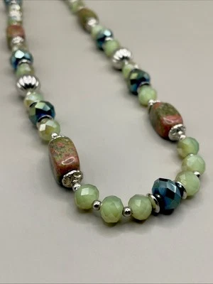 20英寸银色浅绿色水晶石和正品Unakite宝石项链 — 第 1/4 张图片