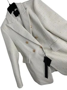 New Mina Self White & Gold Tweed Double-Breasted Blazer Size L RD10176 - Picture 1 of 9