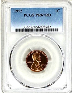 1952 PROOF LINCOLN CENT PCGS PR67 RD, NICE CAMEO OBVERSE, SHY OF CAMEO REVERSE - Picture 1 of 2