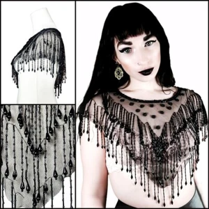 Antique Victorian Black Beaded Tulle Fringe Goth Mourning Collar - Picture 1 of 7