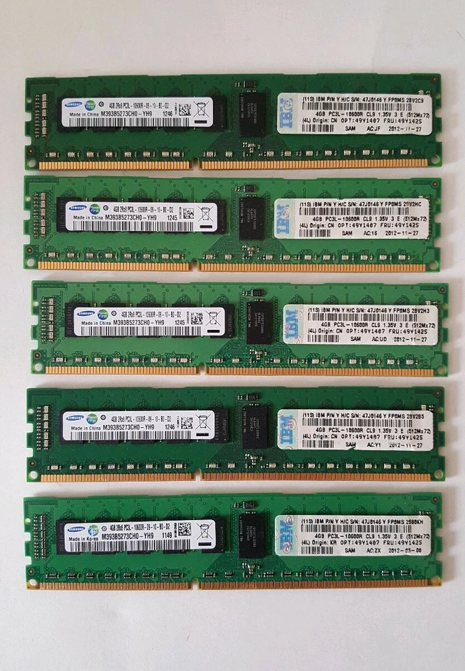 Samsung 20GB 5x4GB 2Rx8 PC3L-10600R M393B5273CH0-YH9 Server Memory RAM  - Image 1 of 3