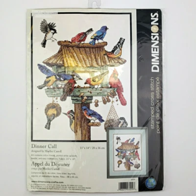 Dimensions Stamped Cross Stitch Kit DINNER CALL Birds Feeder NIP 11 X 14 New - Image 1 of 4