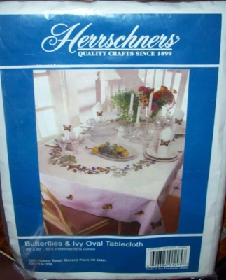 Herrschners Needlecraft Embroidery Tablecloth ~ BUTTERFLIES & IVY ~ Oval 60"x90" - Image 1 of 3