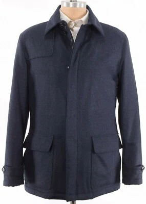 Luciano Barbera NWT Jacket Size 52 L US In Blue Plaid Flannel Wool Suede Trim - Image 1 of 4