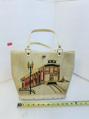 Mod 60s San Francisco cable car Theme Tote Bag Beaded Sequins Enid Collins Inspo - Image 1 of 4