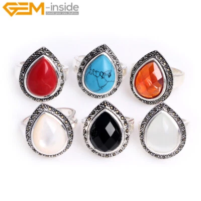 Silver Marcasite Assorted Stones Teardrop Beads Fashion Jewelry Ring US#7-#9 - Image 1 of 4