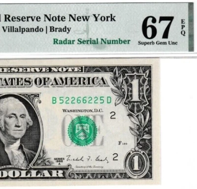 1988A  $1  Federal Reserve note RADAR  SERIAL # B 5226-6225 D Fr. 1915-B  PMG 67 - Image 1 of 3