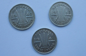 1943  -  Australian  King George  V1  Threepence,   (3 coins) plain, S, & D