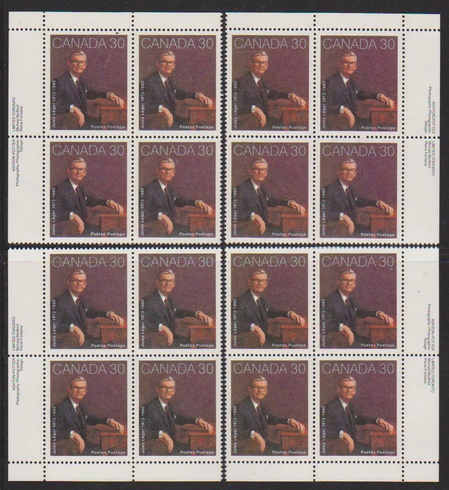 1982 Canada SC# 914 - Jules Leger - Set of 4 Plate Blocks M-NH Lot # 3054 - Image 1 of 1