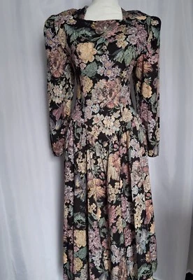 Vestido midi vintage años 80 multicolor floral cintura caída jardín té iglesia 9/10 Foto 1 de 4