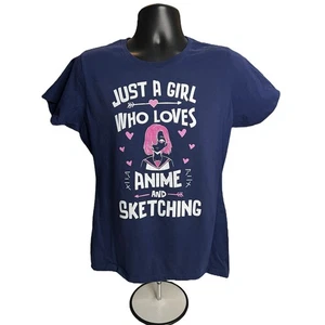Just a Girl Who Loves Anime and Sketching Graphic T-Shirt – Navy Blue Size Large - Picture 1 of 9