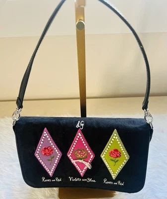 Bolsa de ombro Lulu Guinness rosas são violetas vermelhas são azul bordada camurça - Imagem 1 de 4